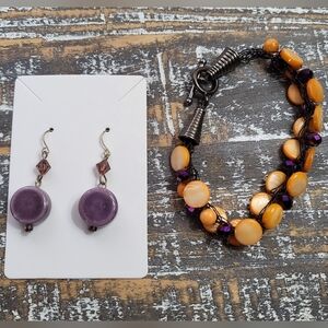 Bracelet And Earring Set Purple and Orange Beaded Jewel